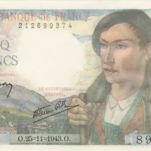 Billet France 5 Francs Berger - 25-11-1943 Série B.86 En Vogue