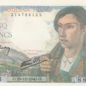 Billet France 5 Francs Berger - 25-11-1943 Série Y.86 Paiement Sécurisé