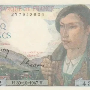 Billet France 5 Francs Berger - 30-10-1947 Série E.152 Réduction