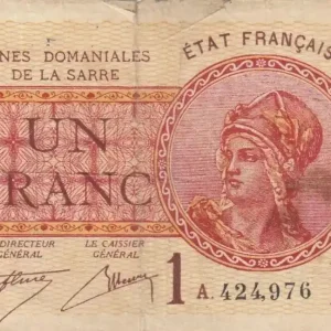 Billet Sarre 1 Franc Portrait de femme - 1920 - A.424976 Gros Lot