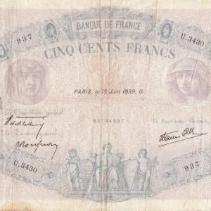 Produit De Marque Billet France 500 Francs Rose et Bleu - 15-06-1939 Série U.3430