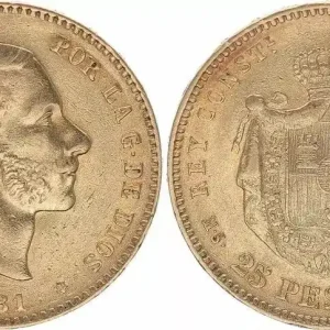 Espagne 25 Pesetas Alfonse XII - Armoiries - 1881 Certifié