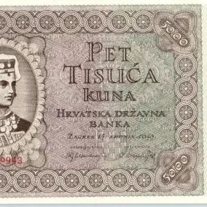Billet Croatie 5000 Kuna 1943 - Femme en costume traditionnel Top Qualité