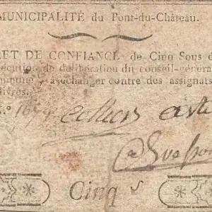 Billet France Pont-Du-Château Municipalité - 1792 Fait Main