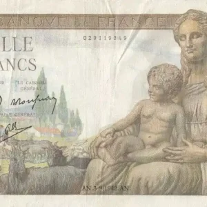 Billet France 1000 Francs Déesse Déméter - 03-09-1942 Série U.1165 Expédition Rapide