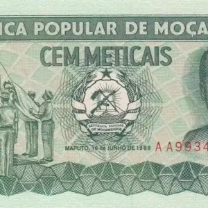 Billet Mozambique 100 Meticais E. Mondlane - Cérémonie du drapeau - 1989 Fait Main