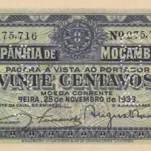 Billet Mozambique R.29 20 Centavos, Armoiries - Ornements - 1933 Certifié