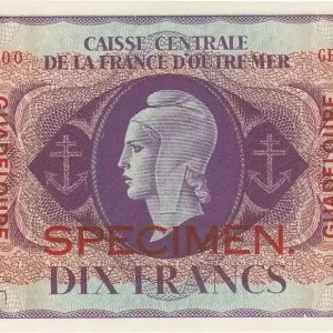 Billet Guadeloupe 10 Francs Marianne - Croix de Lorraine - 1944 Spécimen Commander Vite