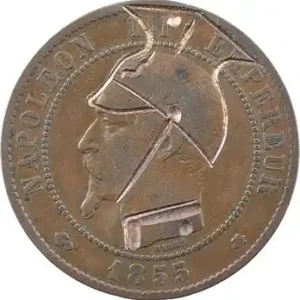 Guerre de 1870, Napoléon III, monnaie satirique de 10 centimes au chapska de uhlan et contremarque vampire, sur 1855 Strasbourg, 1870 Offre Limitée