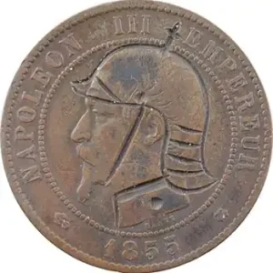 Guerre de 1870, Napoléon III, monnaie satirique de 10 centimes au casque de cuirassier et contremarque vampire, sur 1855 Strasbourg, 1870 Commander Vite