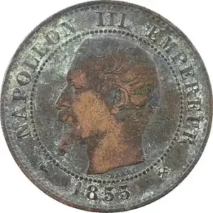 Produit De Marque Second Empire, deux centimes tête nue, 1855 Rouen, variété coins tournés