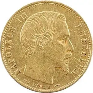 Second Empire, 5 francs tête nue, petit module, 1854 Paris, tranche lisse Bon Marché