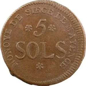 Convention, siège de Mayence, 5 sols, 1793 Vente Directe