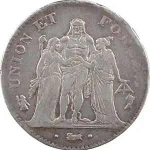 Directoire, 5 francs Union et Force [UNION desserré, grande feuille, glands], An 5 Paris Prix Cassé