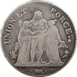 Directoire, 5 francs Union et Force, An 4 Paris Commande En Gros