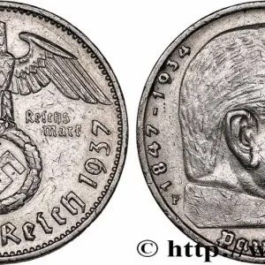 ALLEMAGNE 5 Reichsmark Maréchal Paul von Hindenburg 1937 Stuttgart fwo_741760 Monde Offre Du Jour