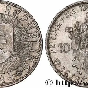 SLOVAQUIE 10 Korun Prince Pribina variété sans croix sur l’église 1944 Kremnica fwo_745782 Monde Usine Directe