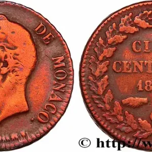 MONACO 5 Centimes Honoré V petite tête en cuivre rouge 1837 Monaco fwo_745703 Monde Usine Directe