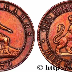 ESPAGNE 10 Centimos monnayage provisoire “ESPAÑA” assise / lion au bouclier 1870 Oeschger Mesdach & CO fwo_745765 Monde Achat Immédiat