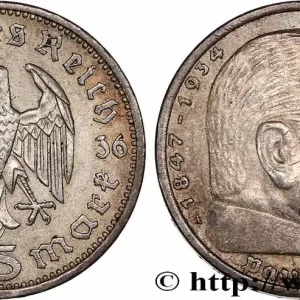 ALLEMAGNE 5 Reichsmark Maréchal Paul von Hindenburg 1936 Berlin fwo_754389 Monde Fait Main