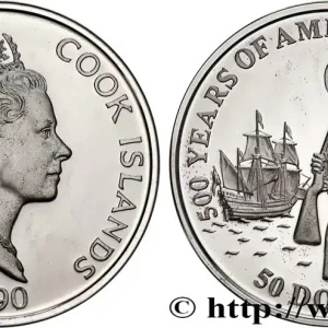 Vente Directe ÎLES COOK 50 Dollar Proof 500 ans de la découverte de l’Amérique 1990 fwo_756464 Monde