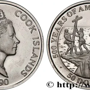 Livraison Gratuite ÎLES COOK 50 Dollar Proof 500 ans de la découverte de l’Amérique 1990 fwo_756472 Monde