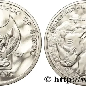 Super Prix RÉPUBLIQUE DÉMOCRATIQUE DU CONGO 10 Franc(s) Proof Espèces en danger : rhinocéros 2007 fwo_766865 Monde