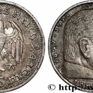 ALLEMAGNE 5 Reichsmark Maréchal Paul von Hindenburg 1936 Karlsruhe fwo_784836 Monde Super Prix