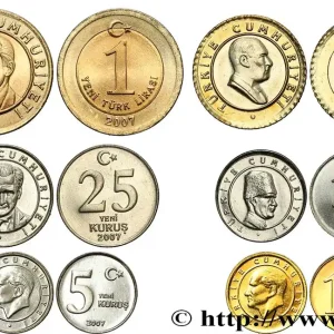 Authentique TURQUIE Lot de 6 monnaies 1, 5, 10, 25 et 50 Kurus 2007 fwo_668413 Monde