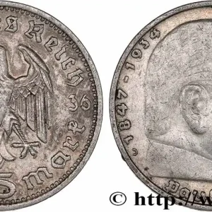 Solde ALLEMAGNE 5 Reichsmark Maréchal Paul von Hindenburg 1936 Hambourg fwo_775717 Monde