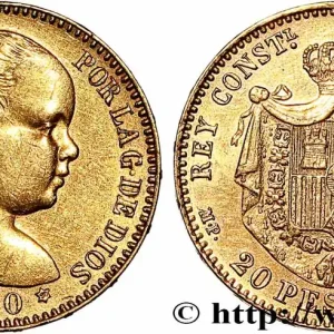 OR, PALLADIUM ET PLATINE INVESTISSEMENT 20 Pesetas Alphonse XIII 1890 Madrid fwo_790144 Monde Populaire