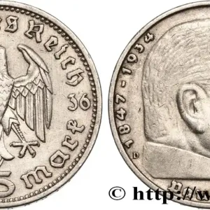 ALLEMAGNE 5 Reichsmark Maréchal Paul von Hindenburg 1936 Munich fwo_796308 Monde Jusqu’à Épuisement Des Stocks
