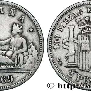 ESPAGNE 2 Pesetas 1869 Madrid fwo_793544 Monde Fait Main