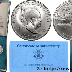 Premium ÉTATS-UNIS D'AMÉRIQUE 1 Dollar Proof centenaire de la naissance du général Eisenhower : vues de profil / sa maison de Gettysburg 1990 West Point - W fwo_709752 Monde