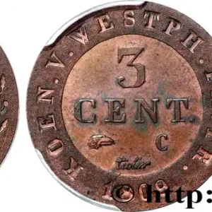 ALLEMAGNE - ROYAUME DE WESTPHALIE - JÉRÔME NAPOLÉON 3 Cent. monogramme de Jérôme Napoléon, désaxée à 95 degré 1809 Cassel fwo_824161 Monde Top Qualité