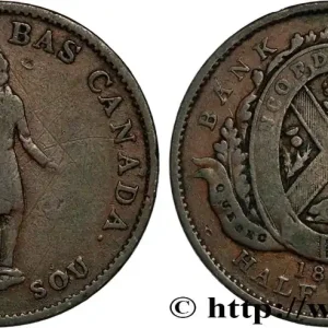 CANADA 1 Sou (1/2 Penny) Province du Bas Canada, Québec 1837 Boulton & Watt fwo_824082 Monde Fait Main