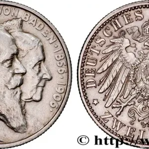 Certifié ALLEMAGNE - BADE 2 Mark noces d’or de Frédéric et Louise 1906 Karlsruhe fwo_957516 Monde