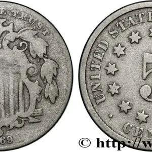 ÉTATS-UNIS D'AMÉRIQUE 5 Cents bouclier variété sans rayons entre les étoiles 1869 Philadelphie fwo_834041 Monde Livraison Express