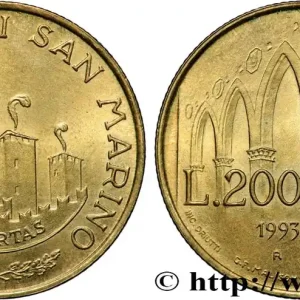 SAINT-MARIN 200 Lire 16 siècles d’histoire : vue des 3 chateaux / arches et porte 1993 Rome - R fwo_821391 Monde Garantie Incluse