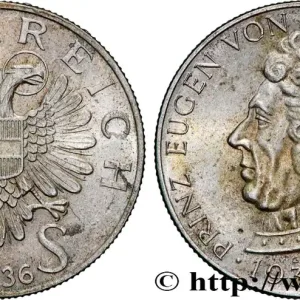 AUTRICHE 2 Schilling 200e anniversaire de la mort du Prince Eugène de Savoie 1936 fwo_838601 Monde Dernière Chance