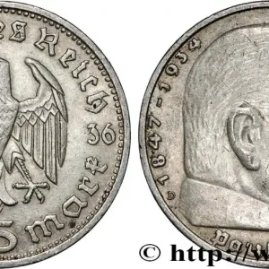 Meilleur Choix ALLEMAGNE 5 Reichsmark Maréchal Paul von Hindenburg 1936 Munich fwo_856437 Monde