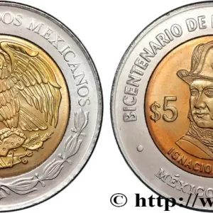 MEXIQUE 5 Pesos Bicentenaire de l’Indépendance : aigle / Ignacio Allende 2010 Mexico fwo_839648 Monde Offre Limitée