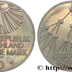 ALLEMAGNE 5 Mark aigle héraldique / hommage au chimiste Otto Hahn, fragmentation nucléaire 1979 Karlsruhe - G fwo_830994 Monde Prix Cassé