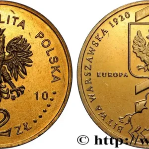 POLOGNE 2 Zlote 90e anniversaire de la bataille de Varsovie: emblème / lancier polonais chargeant 2010 Varsovie fwo_836965 Monde Prix Bas