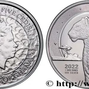 Original ARGENT D'INVESTISSEMENT 1 Oz - 5 Cedis Léopard 2022 fwo_883823 Monde