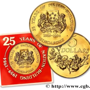 Achetez Aujourd’hui SINGAPOUR 5 Dollars 25e anniversaire de la construction de la nation : emblème / Rameau fleuri 1984 fwo_845136 Monde