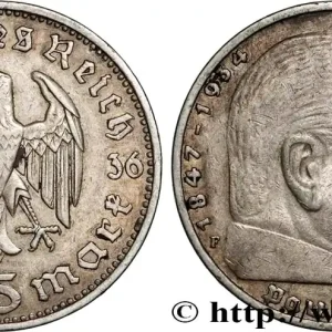 Must-Have ALLEMAGNE 5 Reichsmark Maréchal Paul von Hindenburg 1936 Stuttgart - F fwo_894956 Monde